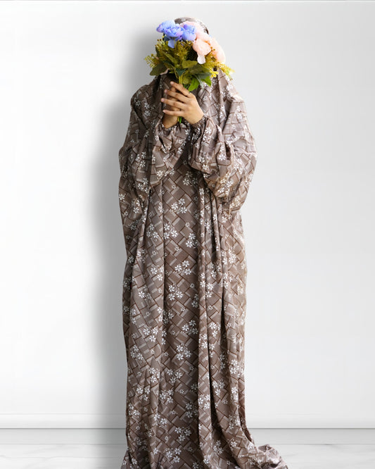 Brown floral prayer dress full-length modest outfit for women.