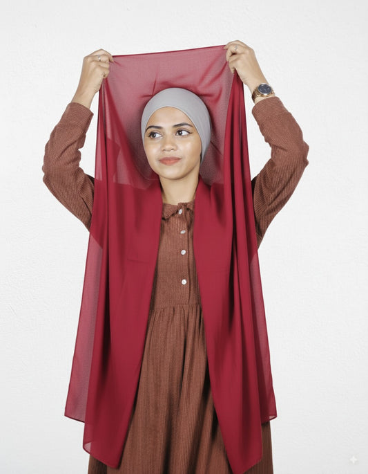 Instant hijab in cherry chiffon with silver cap for quick modest wear.