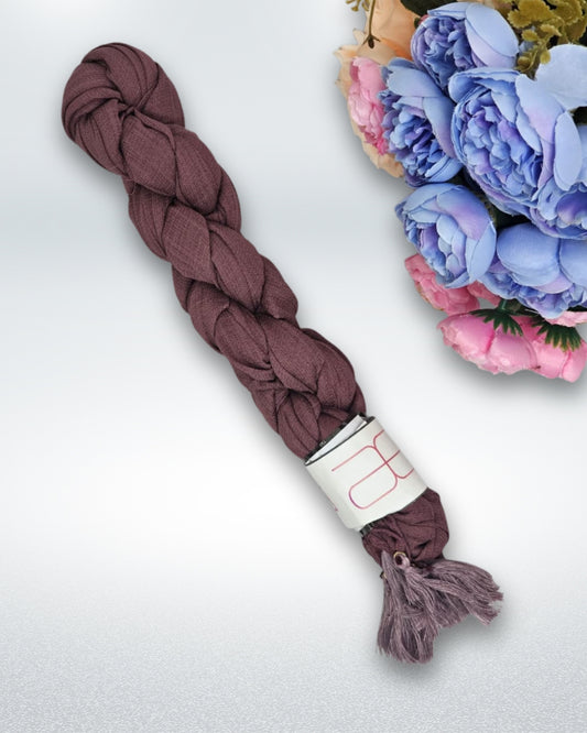 Braided dark mauve cotton shawl with tassel edge, soft lightweight fabric for modest fashion and everyday wear.