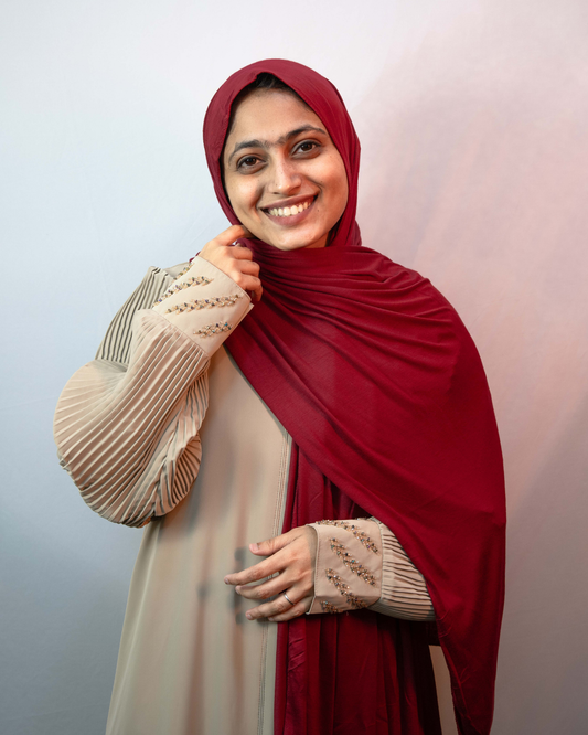 Deep maroon jersey hijab side view lightweight stretch hijab comfortable modest fashion scarf