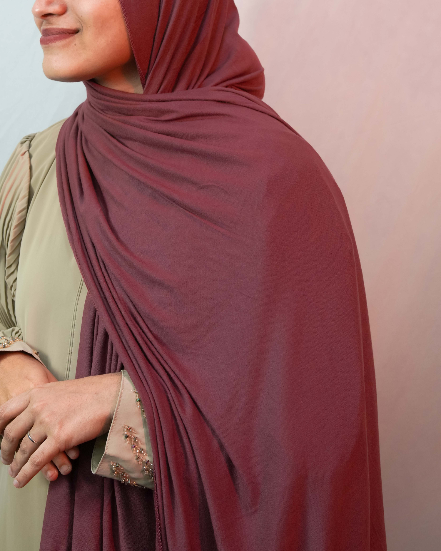 Side view dusty mauve jersey hijab smooth drape lightweight stretch comfortable modest scarf