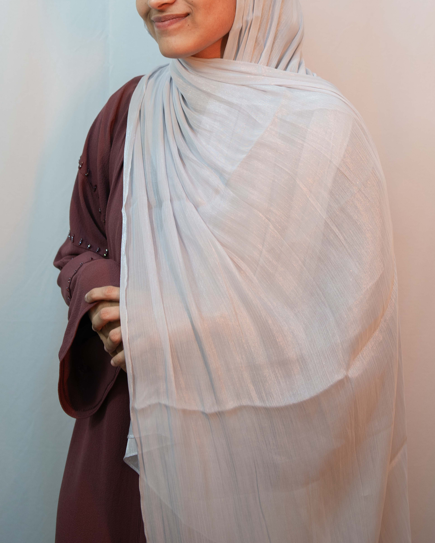 Elegant ice blue shimmer hijab lightweight modest scarf with smooth flowing fabric