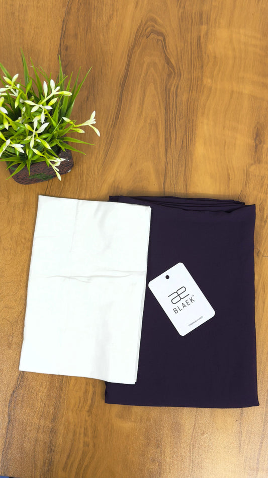 White and eggplant instant hijab with pre-stitched design, made from breathable chiffon for easy wear and comfort.