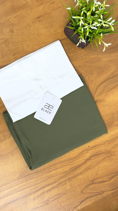 White and Olive Green instant hijab with pre-stitched design, offering easy wear and comfort in breathable chiffon.