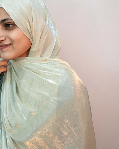 Side view mint green shimmer hijab shiny chiffon scarf modest wear
