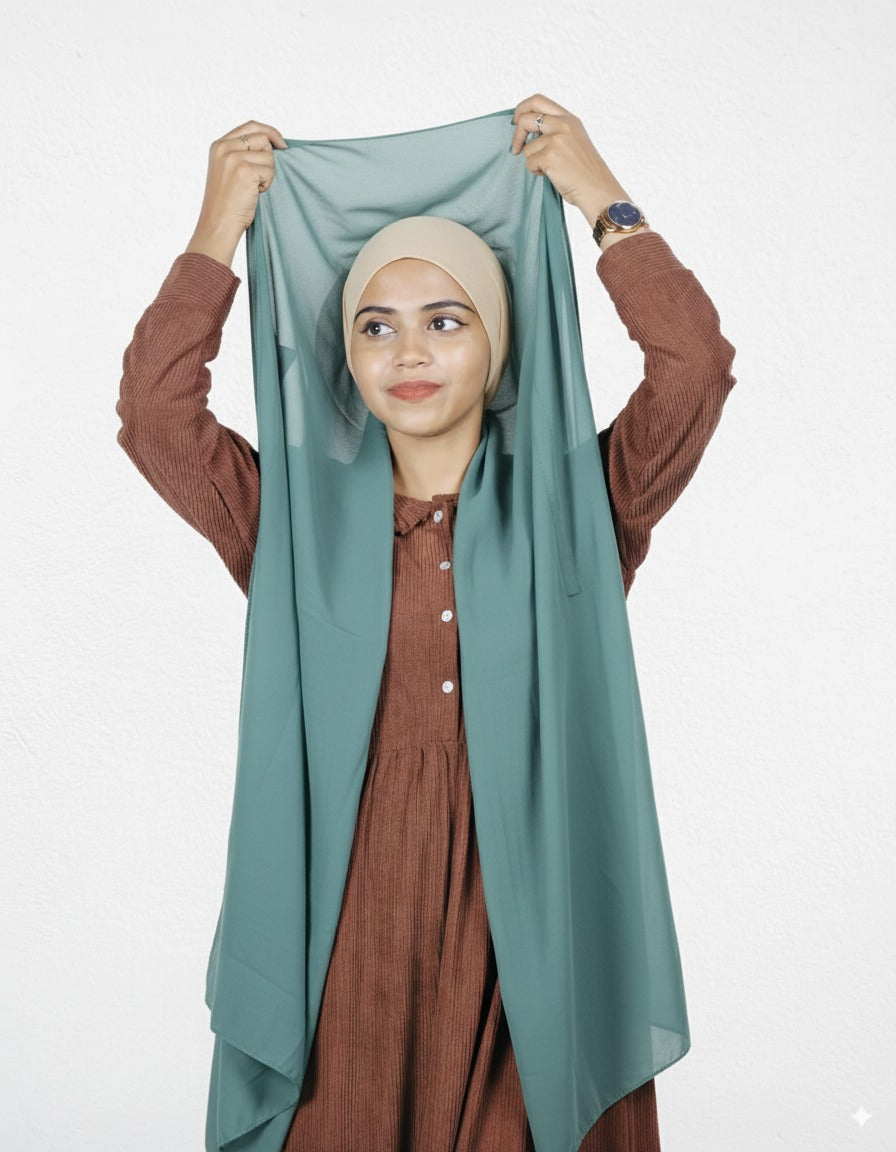 Mint green instant hijab with vanilla cap, stylish pre-stitched chiffon for easy wear.