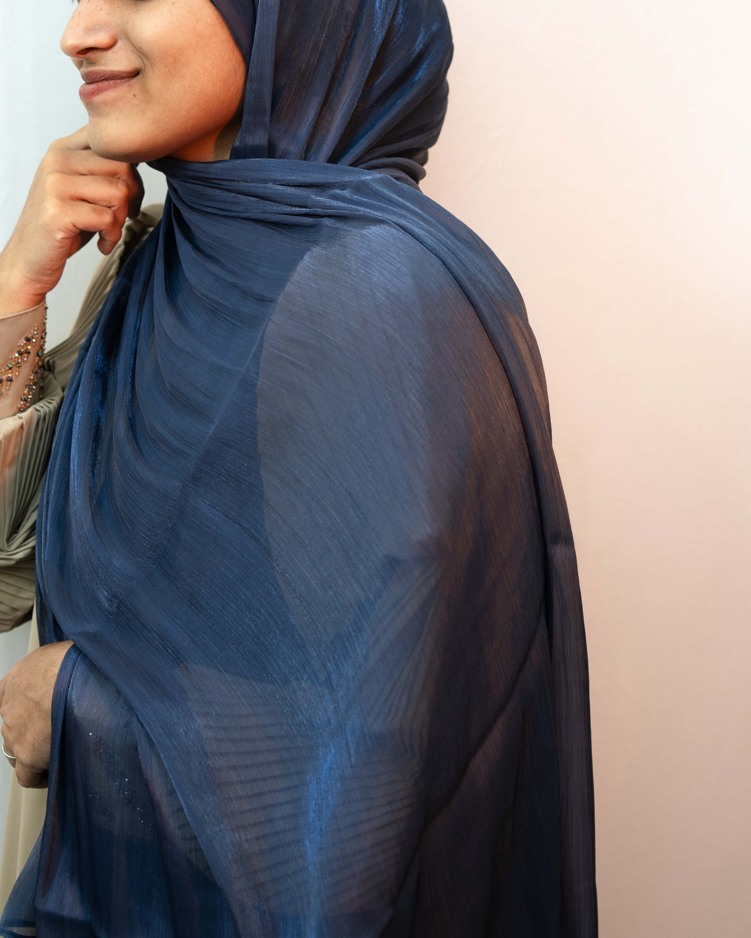 Side view of navy blue shimmer hijab soft lightweight modest fashion scarf