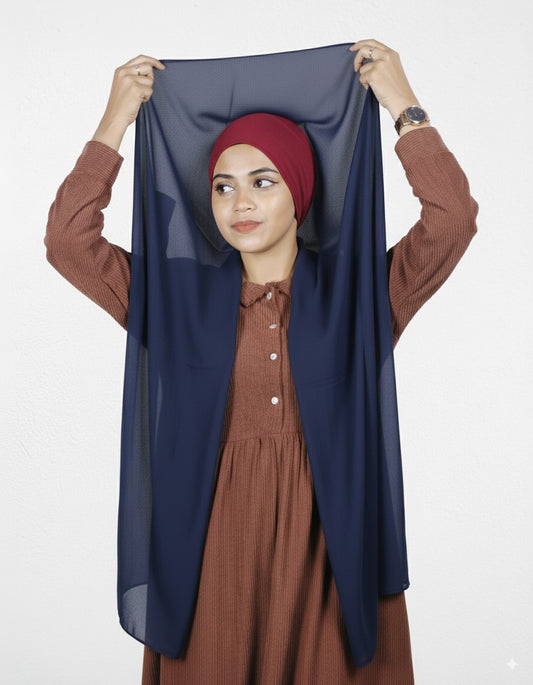 Navy blue instant hijab with cherry cap in premium chiffon.