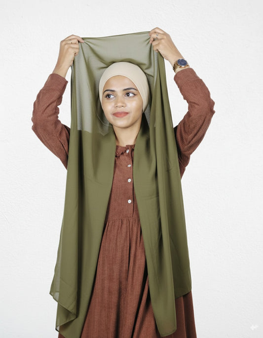 Olive green instant hijab with vanilla cap made from Malaysian heavy chiffon.