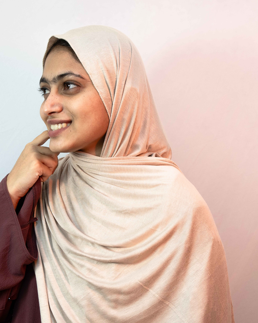Peach nude jersey hijab side view lightweight stretch modest everyday hijab