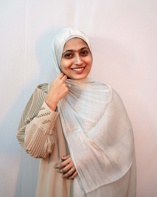 Pearl silver shimmer hijab soft lightweight elegant modest fashion scarf front view