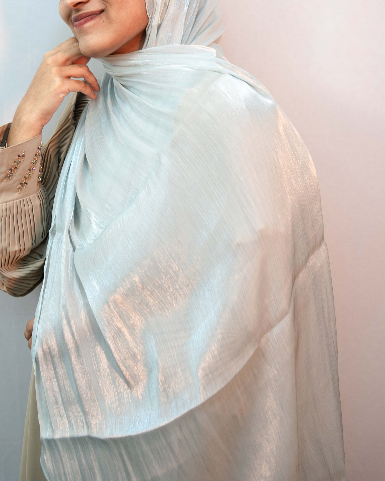 Pearl silver shimmer hijab premium glossy chiffon modest wear side profile