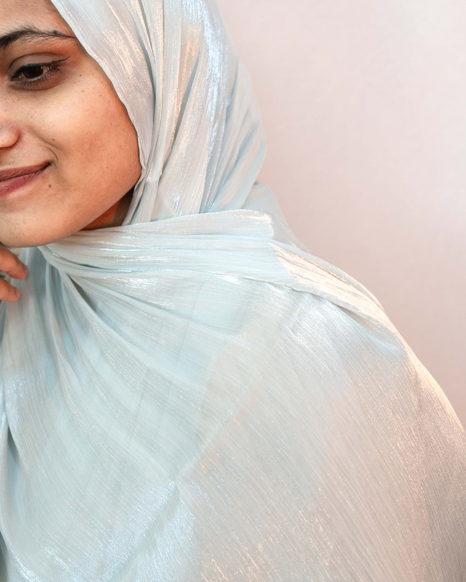 Pearl silver shimmer hijab luxury soft fabric modest scarf close up texture