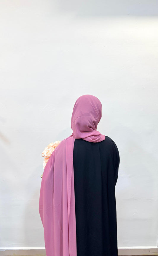 Chiffon scarf in soft puce shade, styled effortlessly over a simple look.