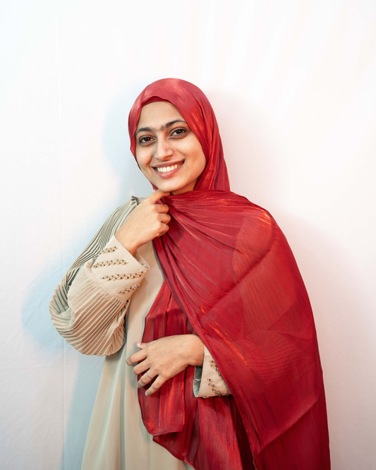 Ruby Red shimmer hijab draped on model elegant lightweight shiny chiffon scarf for modest fashion