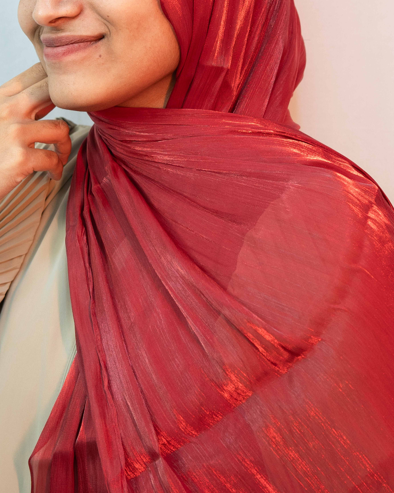 Close up Ruby Red shimmer hijab fabric texture soft glossy premium chiffon hijab for women