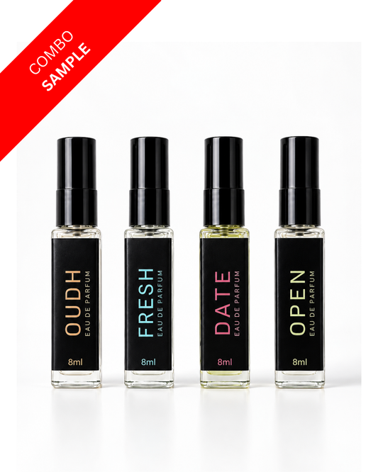 Sample Perfume Combo 8ml shown in a flat layout with Oudh, Fresh, Date, and Open perfumes.