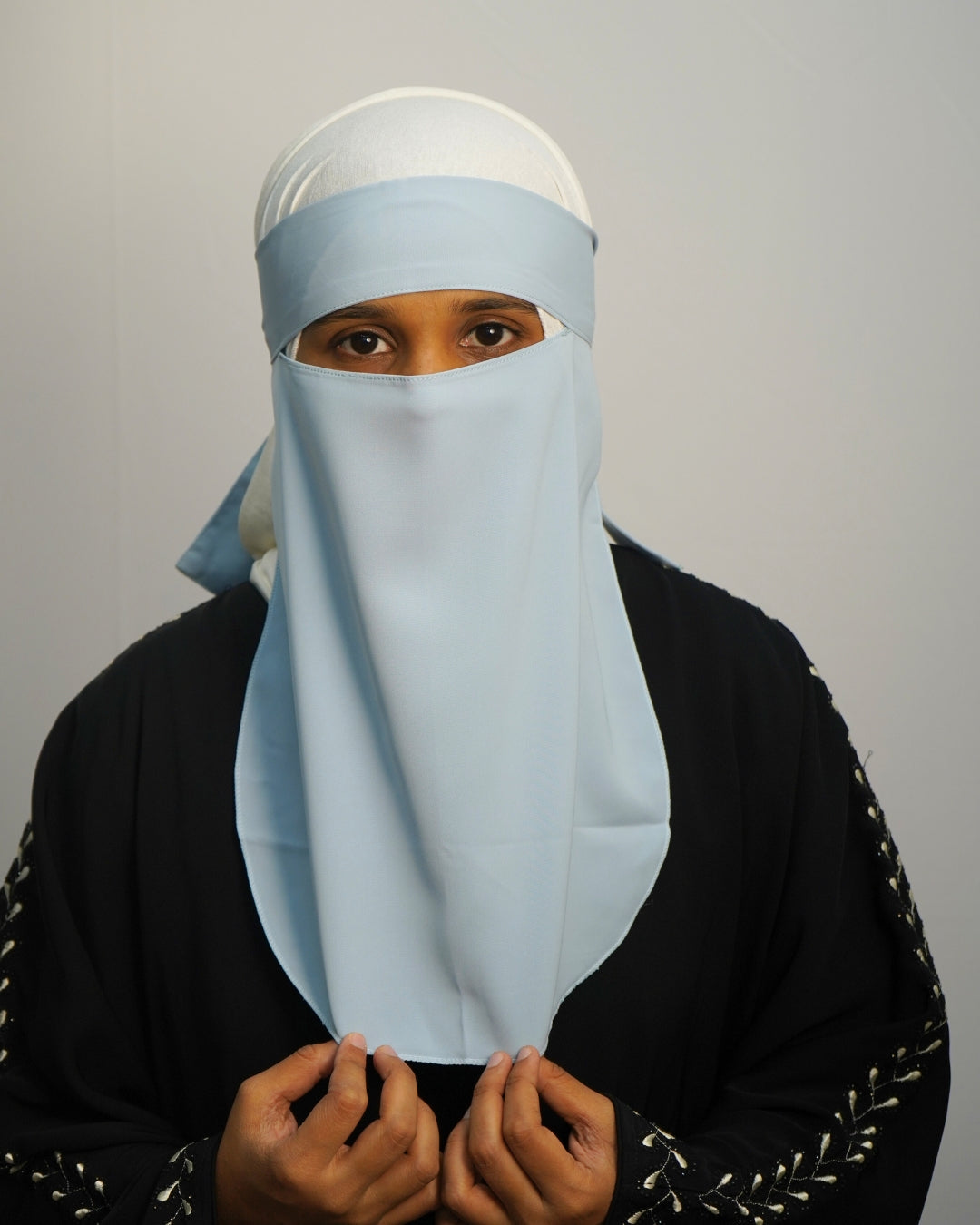 Modest Islamic sky blue niqab for daily wear and prayer.
