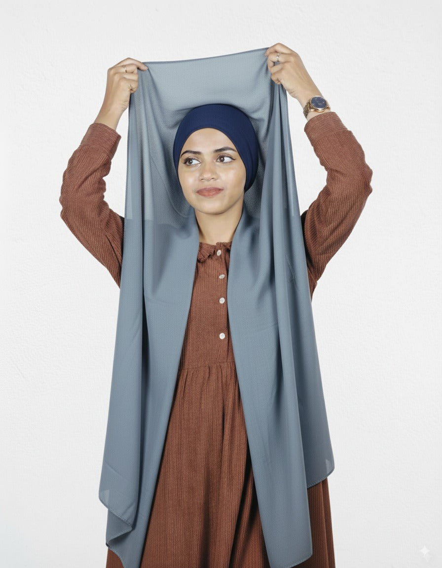 Smoke instant hijab with navy blue cap made from premium Malaysian heavy chiffon, pre-stitched for quick wear.