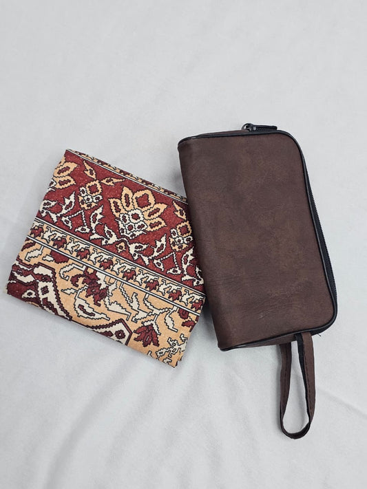 Folded pocket musallah with brown faux leather pouch.