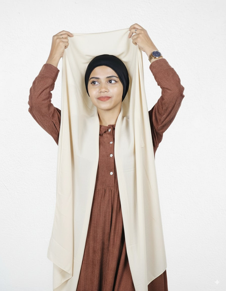 Vanilla with Black Cap Instant Hijab – pre-stitched, soft Malaysian chiffon.