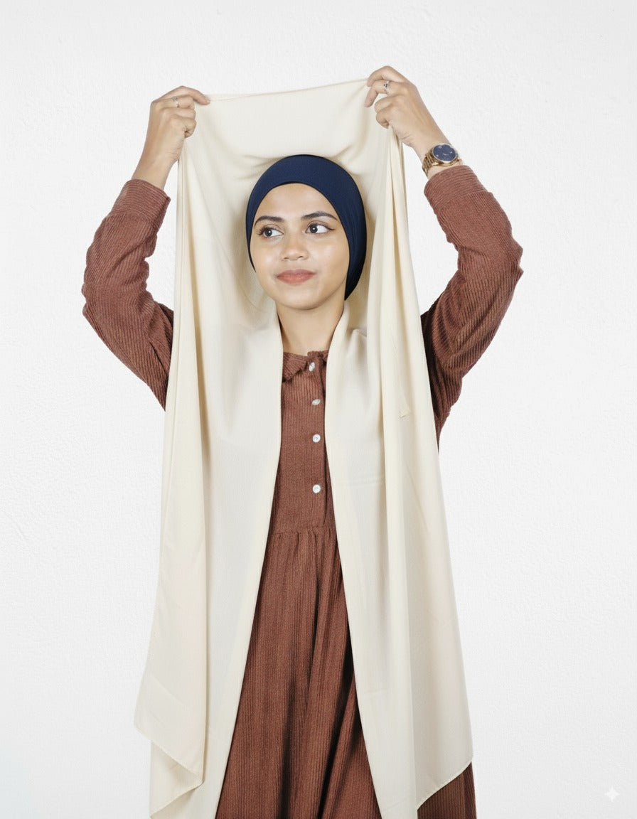Slip on Vanilla Instant Hijab with Navy Blue Cap made from breathable and soft chiffon.