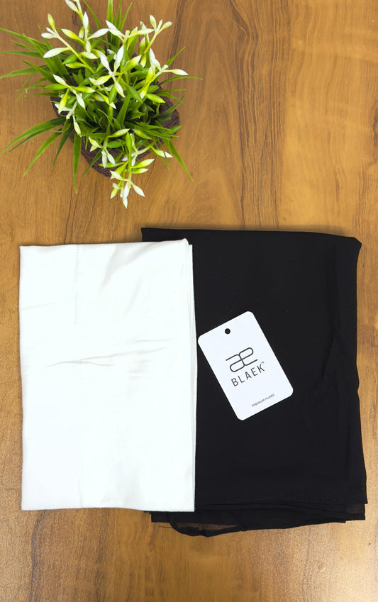 Black chiffon shawl with a white fitted cap, easy slip-on instant hijab.