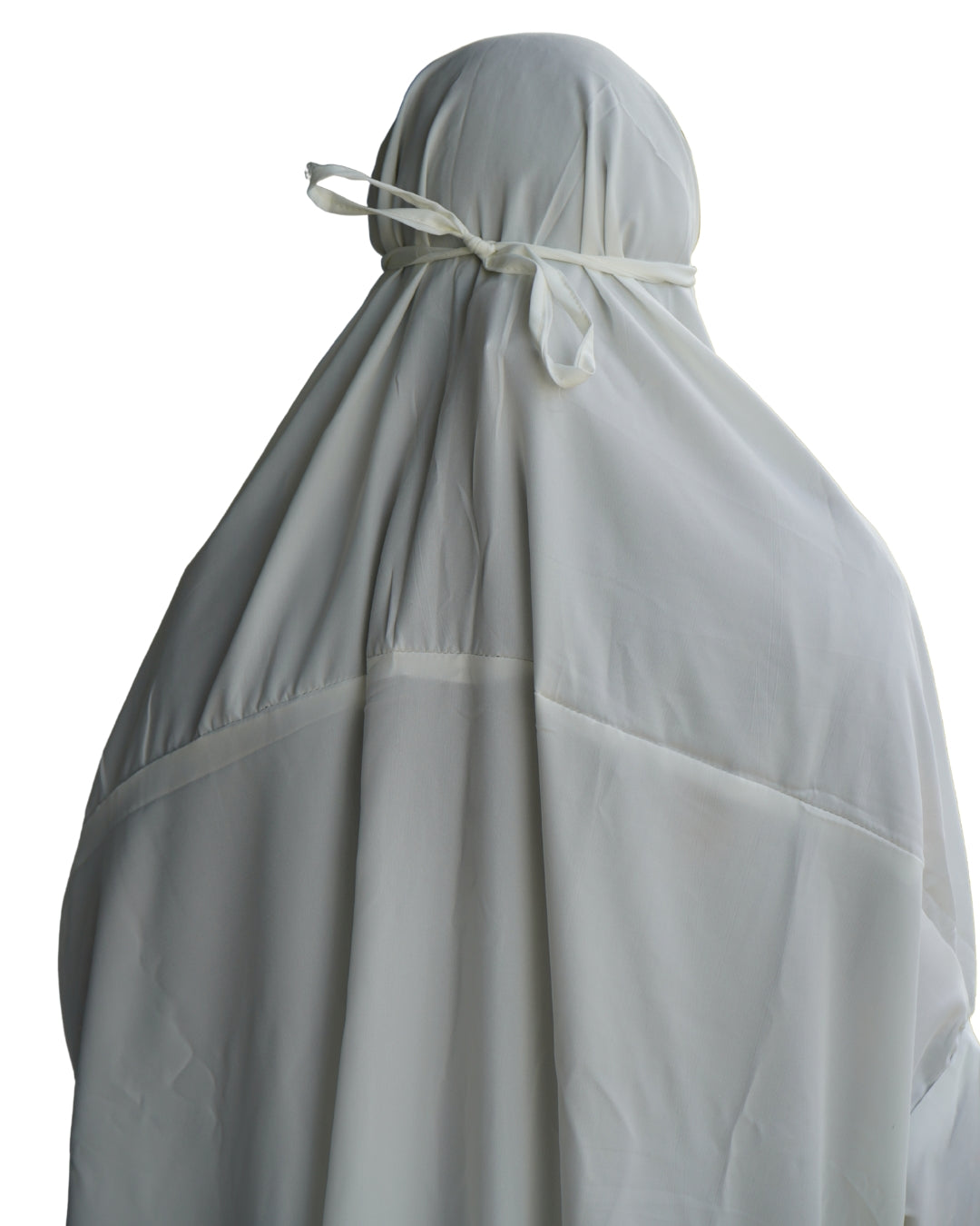 White polyester lycra abaya-style prayer dress back view with adjustable tie.