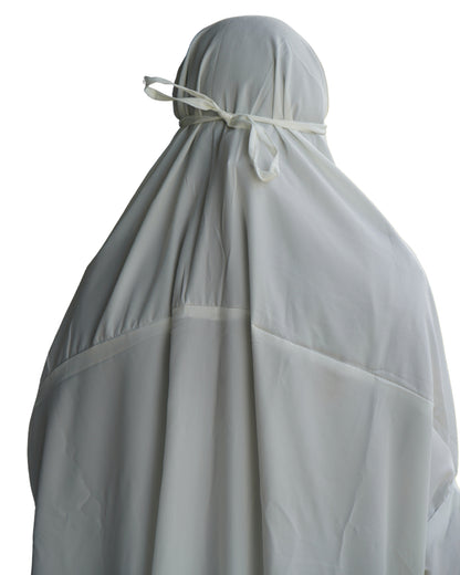 White polyester lycra abaya-style prayer dress back view with adjustable tie.
