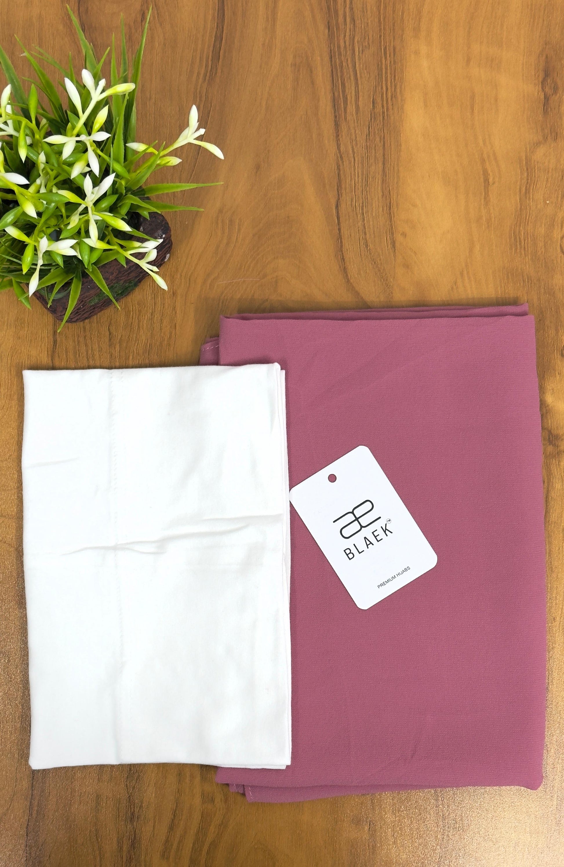 Puce hijab with a white cap, designed for easy wear with magnets.